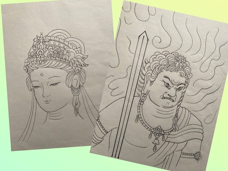 手描き墨絵 仏像と子供 B4サイズ 手描き墨絵 仏像と子供 B4サイズ